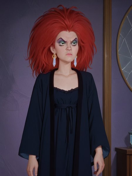 score_9, score_8_up, score_7_up,1girl, solo,    <lora:Dark_Princess_Pony:1> 1girl, solo, ssdp2, red hair, green eyes, nightgown, robe, diamond earrings, eyeshadow, makeup, standing, mouth closed, full body, angry, looking to side