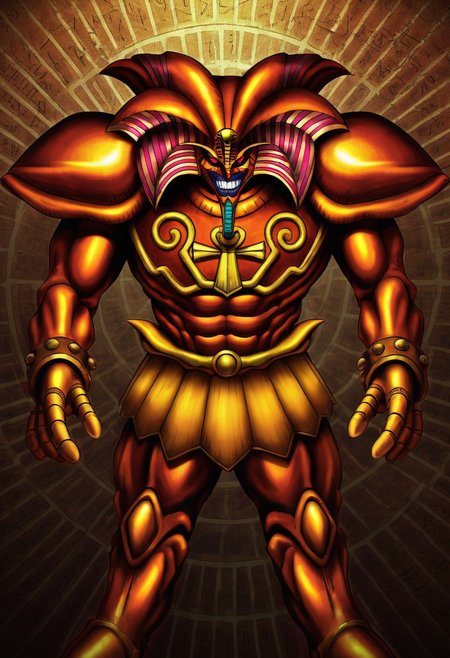 dark skin, teeth, horns, 1boy, ancient egyptian, red eyes, solo, looking at viewer, exodia, smile, armor, cuffs, the forbidden one, full body,standing,