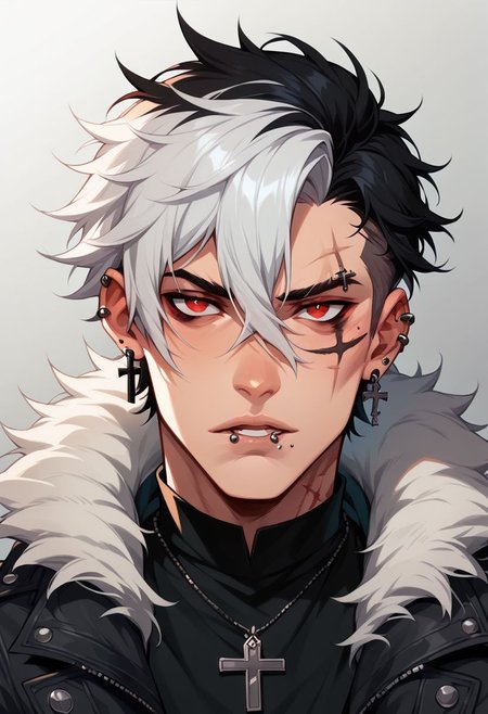 niji comix style, piercing, 1boy, red eyes, male focus, jewelry, earrings, ear piercing, solo, black hair, scar, multicolored hair, white hair, looking at viewer, fur trim, scar on face, portrait, lip piercing, tattoo, hair between eyes, cross, cross earrings, gradient, gradient background, parted lips, two-tone hair, jacket, short hair, grey background, multiple piercings, fur-trimmed coat, comic art style, illustration, PnyCmicPosXL
 zPDXL2