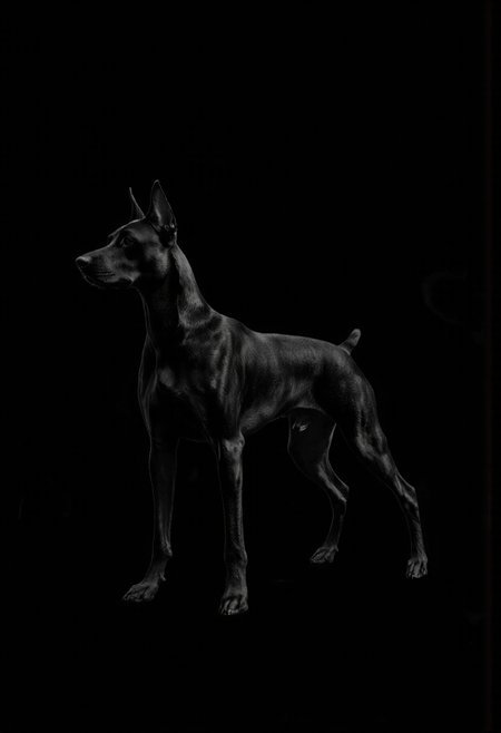 NyxBorne. A black and white photo shoot from a profile camera angle about a silhouette of a dog, specifically a Doberman Pinscher, against a black background. the image also shows a simple black background with no text or other elements. on the middle of the image, a dog is standing, facing the viewer, with its head turned slightly to the side. the dog appears to be a medium-sized breed, possibly a doberman, with a sleek, muscular build and pointed ears. it has a long, slender body and a prominent nose. the silhouette is highly detailed, with visible lines and shading that give it a realistic appearance.