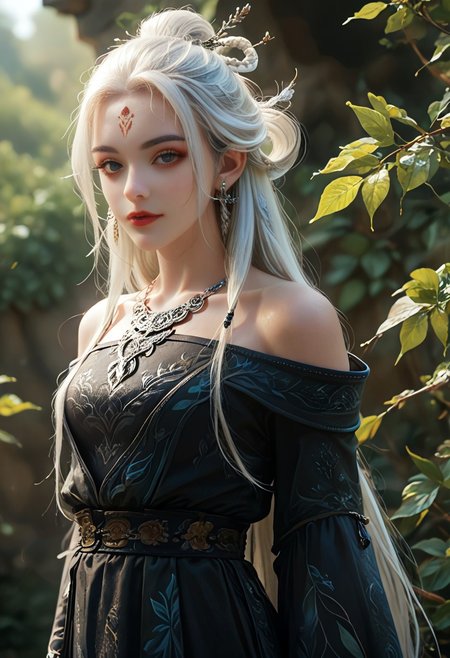 <lora:ponyxiaobai2v:1>,xiaobai,score_9,score_8_up,score_7_up,a highly detailed CGI rendering of a female character with a fantasy aesthetic, she has a pale skin complexion and long ,flowing white hair adorned with intricate ,leaf-like designs ,her eyes are large and expressive, with a serene, almost contemplative expression, she wears a form-fitting, off-the-shoulder dress in a deep black silky color with silver accents, the dress features intricate, floral patterns and a high neckline, accentuating her slender physique, around her neck, she accessorizes with a delicate, silver necklace and matching earrings, her attire is reminiscent of a medieval or fantasy-inspired outfit, with the dress having a high slit that reveals her midriff, the lighting is soft and diffused, casting gentle shadows that enhance the texture of the stone and the character's attire, the overall mood is one of serenity and otherworldly beauty, very long hair, realism,
