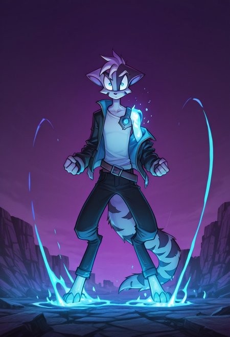 Mace, Dreamkeepers, 1boy, solo, standing,  glare, arms down, fists, strong, power, epic, blue aura, blue glow, glowing blue, glowing eyes, single armor shoulder plate, long jacket, dangling arms,   ((epic)), blue eyes,  open jacket, white shirt, eyes half closed, anthropomorphic, feline-like, spiky hair, tail, front view, masterpiece, high detail, ((epic)), black jacket, wavy hair, looking at viewer, blue shoulder plate, glowing eyes, blue glow, purple sky,  black pants, belts,