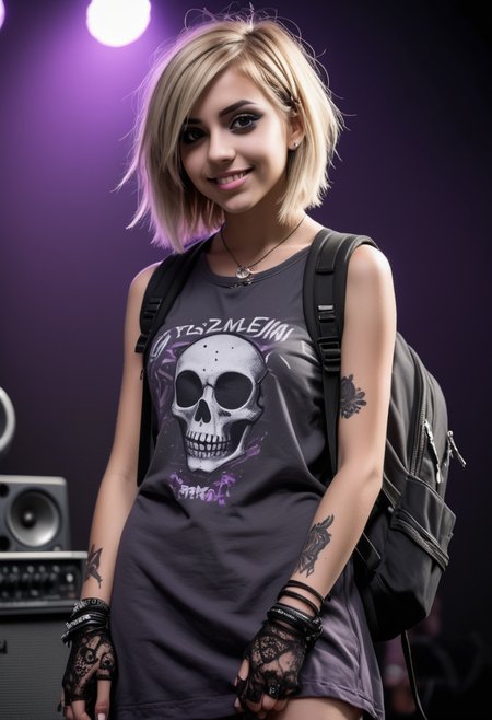 (medium full shot) of (intense emo girl) young woman, willowy build, medium blonde layered cut hair, mexican, tan skin, light brown eyes, wearing a charcoal midi dress with lace accents , high-top sneakers, purple lipgloss, smoky eyeshadow, heavy eyeliner, fingerless gloves carrying a skull-patterned backpack, set in  a high-energy concert, with loudspeakers, vibrant lighting, emo fans, dark walls, and edgy stage setup, woman smiling, detailed face, ,Masterpiece,best quality, raw photo, realistic, very aesthetic