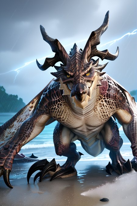 source_furry, score_9, score_8_up, score_7_up, (wyvern_xv, wyvern, feral), scalie, brown scales, detailed scales, horns, amber eyes, detailed eyes, claws, tail, winged arms, <lora:FF_Wyvern08:0.8>, outdoors, beach, thunderstorm, rain, rainy, on ground, lightning, closed mouth, zPDXL2, zPDXLpg, zPDXLrl, shaded, best quality, highly detailed, extreme detail, photorealistic