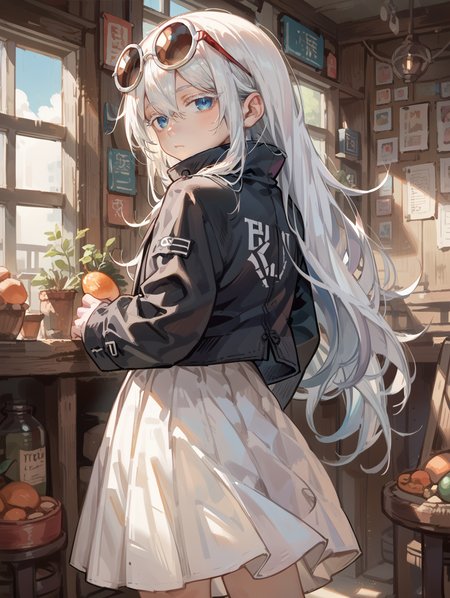 score_9, score_8_up, score_7_up,source_anime,
 1girl, blue eyes, colored eyelashes, eyewear on head, white hair, hair between eyes, long hair, black jacket, high collar, white skirt, closed mouth, rear shot, looking at viewer, round eyewear, sunglasses,indoors, 
<lora:style006:0.7>