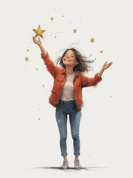 impactful color paint of cute drawing of happy woman catching sparkling stars in galaxy over white background,    <lora:Cute_Drawing:0.6>