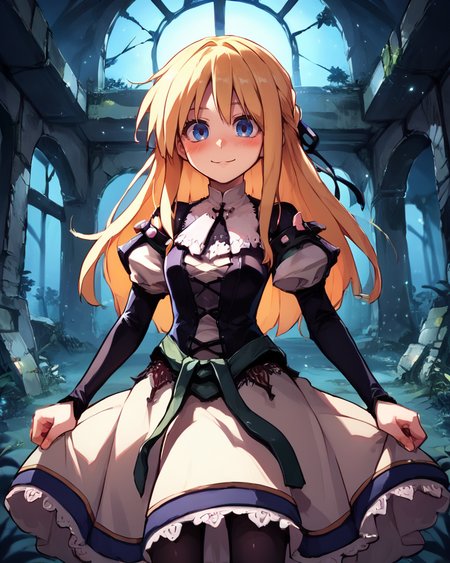 (score_9, score_8_up, score_7_up), source anime, indoors, forest, night, ruins, (night), stars, cosmos, <lora:backgroundsetXL:0.2> , background, woman ruins standing, female focus, blush, looking at viewer, <lora:HandFixer_pdxl_Incrs_v1:0.35> , handfixer, depth of field, highly detailed,(cowboy shot), <lora:Yggdra:0.8> , yggdef, 1girl, blonde hair, long hair, blue eyes, hair ribbon, ascot, juliet sleeves, black sleeves, dress, cross-laced clothes, cross-laced dress, lace-trimmed dress, lace trim, corset, black pantyhose, smile,  <lora:Manhwa-Artstyle__PonyXL__Shufflebox:0.5> , Manhwa-Artstyle, anime_source,