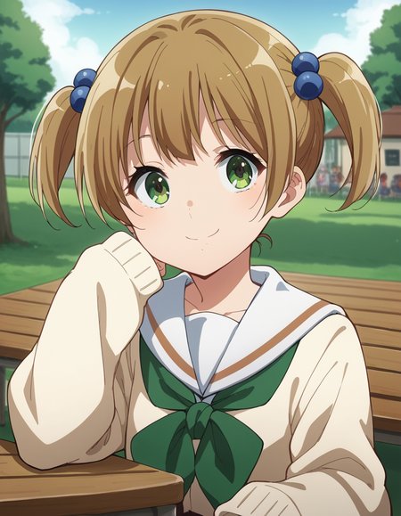 score_9, score_8_up, score_7_up, source_anime, <lora:satsuki-suzuki-s3-ponyxl-lora-nochekaiser:1>, satsuki suzuki, short hair, bangs, brown hair, hair ornament, twintails, green eyes, light brown hair, hair bobbles,, long sleeves, school uniform, serafuku, sailor collar, neckerchief, sleeves past wrists, cardigan, white sailor collar, kitauji high school uniform, green neckerchief, skirt, pleated skirt, brown skirt,, gazebo, park, shelter, outdoors, wooden, smile, sitting, head rest, table,, looking at viewer, solo,, dutch angle, cowboy shot