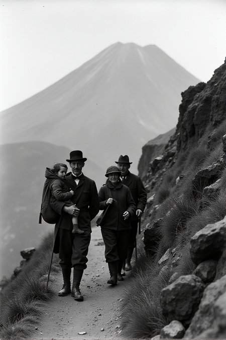 Mountain guides carry a rich lady who wanted to climb Vesuvius in 1910. Kingdom of Italyâââ