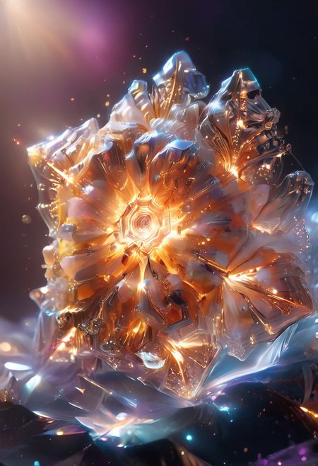 (high quality), (masterpiece), (detailed), 8K, An award-winning glowing snowflake, encased in a perfectly transparent glass bubble, floats delicately within a surreal winter setting. Its intricate, symmetrical crystalline patterns radiate a mesmerizing, golden luminosity, blending warm hues of amber, peach, and soft rose that glow softly through the glass. The bubble is adorned with delicate frost patterns along its edges, reflecting and refracting the snowflake’s warm light, casting a magical aura on its surroundings. Encased within, the snowflake sparkles with fine detail, as if suspended in time, evoking feelings of joy, serenity, and wonder, captivating all who witness this breathtaking masterpiece, glowneon, geometric, sparks, GlowingInk
