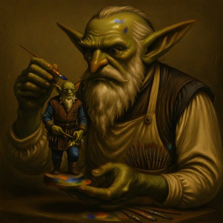 masterpiece, best quality, newest, absurdres, highres, 1boy, RGV1.0-IL Gremlin, green skin, colored skin, beard, white beard, facial hair, goblin, paintbrush, miniature, miniature painting, painting miniature, holding, holding paintbrush,