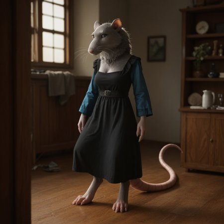 score_9, score_8_up, score_7_up, score_6_up, score_5_up, score_4_up, source_furry, Splinter03v2, semi-anthro, female, rat, grey fur, brown eyes, rat tail, , inside, full body, black dress, blue sleeves