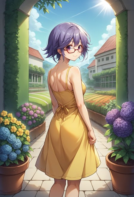 score_9, score_8_up, source_anime, 1girl, solo, KazukiHana, short hair, glasses, from behind, yellow sundress, garden, day, sunshine, smile, looking back, <lora:ChamHanaKazukiPonyXL:1>