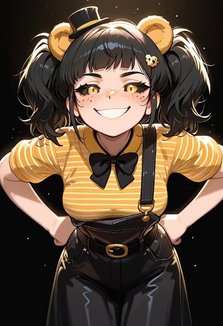 masterpiece, best quality, amazing quality, very aesthetic, absurdres, newest, detailed background, foreground blur, (( cartoon,  )),
cassidythat, 1girl, solo, black hair, striped yellow shirt, twintails, hair ornament, black bowtie freckles, short sleeves, belt buckle,, black skirt overalls, medium breasts, hands on hips, 
, black background, yellow bear ears, black sclera, leaning forward, black top hat, mini top hat,  evil smile, evil grin, teeth,