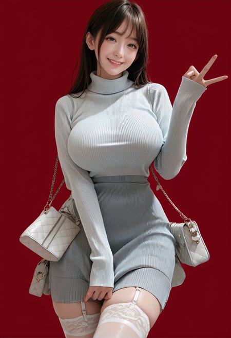 1girl,solo,red background,,ruanyi0898,garter straps,handbag,sweater dress,skirt,white thighhighs,<lora:0898 home wear 4_v1_pony:1>, score_9, score_8_up, score_7_up, score_6_up, score_9, score_8_up, score_7_up, score_6_up source_anime, blush, 1girl, seduce smile, perfect body , natural huge breasts