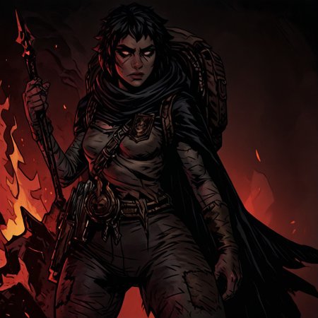 masterpiece, best quality, newest, absurdres, highres,  
TTCSV1.0, cherry-gig, 
1girl, DDRAW-V1.0, cape, black hair, short hair, small breasts, backpack, rags, weapon, holding weapon, fire,