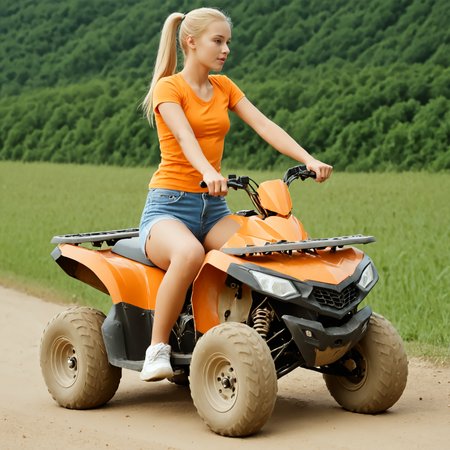 riqua, (side view) , (slim 25yo woman) riding a quad. the woman wears orange shirt and jeans shorts, sneakers and has long blonde ponytail  <lora:RideQuad:1>