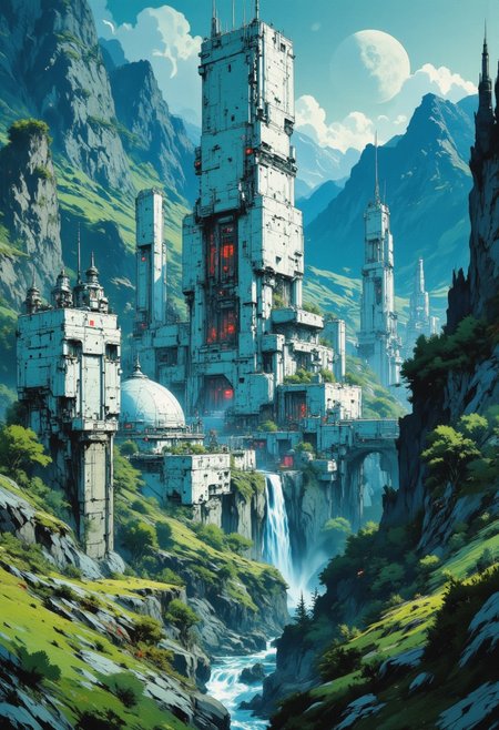 OBxiaoxiang, CAICO, inksketch blue and white theme, Abstract digital painting in the style of ck-js, detailed photorealistic image, a sci-fi cityscape of colossal buildings and towers in a green lush landscape, situated in a green valley bounded by mountain slopes, white ceramic surfaces with high-end circuitry, red glowing diodes and lights, large depth of field. The sky is a dark blue, with a moon hanging low in the horizon