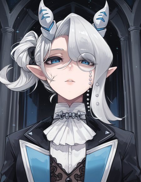 (score_9:0.9),score_8_up,score_7_up,rating_safe,(zPDXL3),(zPDXL),
masterpiece,intricate details,anime,4k,best quality,anime style,
<lora:arias the labrynth butler PonyXL v1:0.82>,
arias the labrynth butler,1girl,solo,looking at viewer,upper body,hair over one eye,parted lips,black tailcoat,butler,demon girl,monocle,white shirt,shaded face,white ascot,expressionless,from below,...,castle,