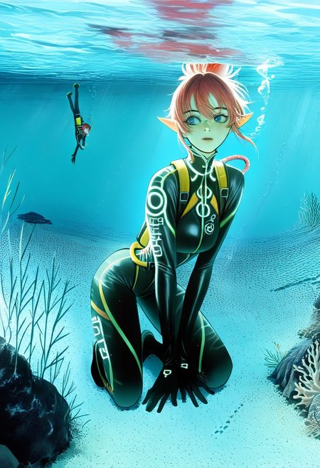 , score_9, score_8_up, score_7_up, red haired female elf scuba diver swimming underwater in the ocean in a full black wetsuit, realistic skin, masterpiece, raw quality, best quality, extremely detailed, stunning beautiful, freckles, blue eyes, crouched