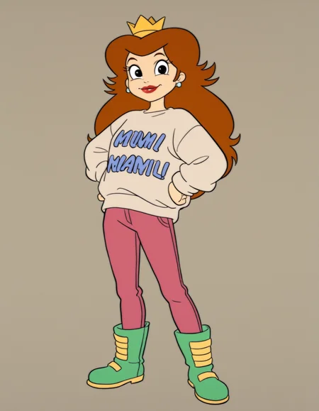 <lora:PrincessToadstoolIllusstrious1.0JLFO:0.8>  Princess Toadstool, 1girl, solo, long hair, brown hair, crown, earrings, clothes writing, pants, smile,  hands on hips, standing,green boots full body, looking at viewer, black eyes, sweater, makeup, lipstick,green_footwear long sleeves,, masterpiece, best quality, amazing quality, very aesthetic, absurdres