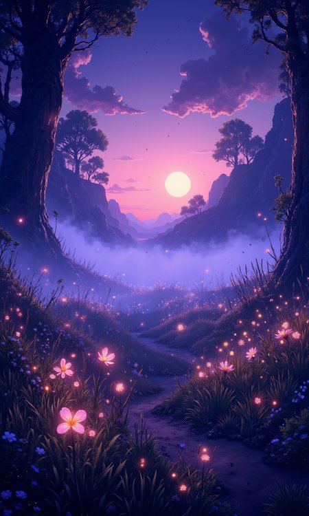 Ethereal twilight meadow bathed in soft lavender light, wispy fog rolling across a sea of bioluminescent wildflowers. Delicate fireflies dance among tall swaying grasses, their gentle glow reflecting off dew-kissed petals. Moonflowers unfurl their pearlescent blooms, releasing a subtle shimmer into the misty air. Ancient gnarled trees frame the scene, their silhouettes adorned with hanging moss glowing faintly in the ethereal light. A distant owl's hoot echoes across the tranquil landscape, while crickets chirp a soothing lullaby. Hyper-detailed 8K rendering, masterful composition, magical atmosphere. <lora:It's a LoRA for portraits, BUT! actually specialized in backgrounds. v1.0:0.5> <lora:Rainbow_on_black_style-000003:0.4> <lora:test2-000013:0.9> <lora:flux_dev:1>