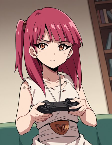 score_9, score_8_up, score_7_up, source_anime, <lora:magi-morgiana-s1-ponyxl-lora-nochekaiser:1>, morgiana, orange eyes, red hair, one side up, medium breasts,, dress, sleeveless dress, collarbone, necklace, torn clothes, torn dress,, living room, video game, controller, competitive, fun, afternoon, , hands on own chest,, looking at viewer, solo,, dutch angle, cowboy shot