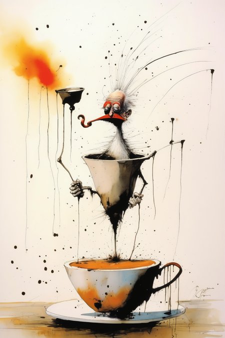 <lora:Ralph Steadman Style:1>Ralph Steadman Style - an immeasurably good morning with coffee- painting