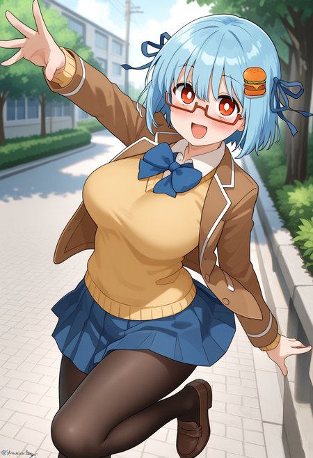hamburger-chan_(hundredburger), food-themed hair ornament, blue hair ribbon, red eyes, blue hair, short hair, bangs, white pupils, glasses, semi-rimless eyewear, under-rim eyewear, red-framed eyewear, breasts,rectangular eyewear,
blue bowtie, school uniform, brown jacket, yellow sweater, blue pleated skirt, pantyhose, loafers,
 <lora:hamburger-chan_(hundredburger)_Illustrious-XL_2.0_v1:1>, masterpiece,best quality,amazing quality, solo,1girl,, standing, (dynamic pose) , blush,
looking at viewer,cowboy shot,open mouth,light smile, 
(outdoors,  )