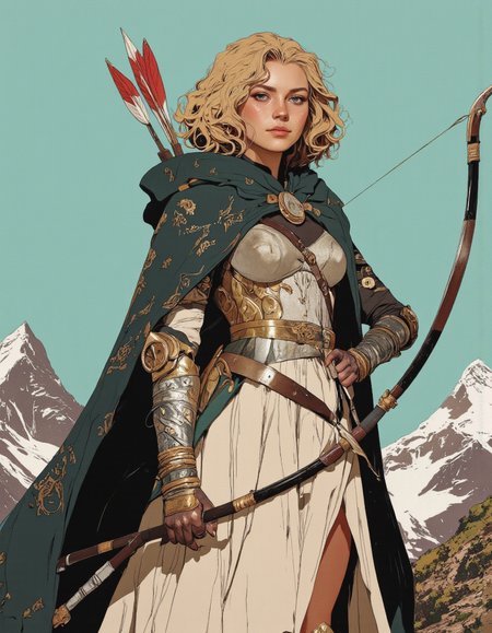By Phandigrams. A digital illustration shoot from a portrait camera angle about a female warrior standing confidently with a bow and arrow, wearing a dark green cloak over a flowing white dress, set against a turquoise sky with mountains in the background. the image also shows a strong female character in the middle of the image, who appears to be a young adult, with pale skin, wavy blonde hair, and a serious expression. she is standing with her upper body facing the viewer, looking directly at them with her blue eyes. her hair is styled in a curly manner, and she is holding a long, curved bow in her right hand, with her left hand resting on her hip. she has a slender physique and is wearing intricate, ornate armor with gold accents, including a belt with a pendant and a belt buckle, along with long sleeves and a capelet. her outfit is completed with a white dress with a flowing skirt, which is long and flows down to her knees. the overall aesthetic is reminiscent of fantasy art, with a focus on the character's powerful stance and the intricate details of her armor and bow.