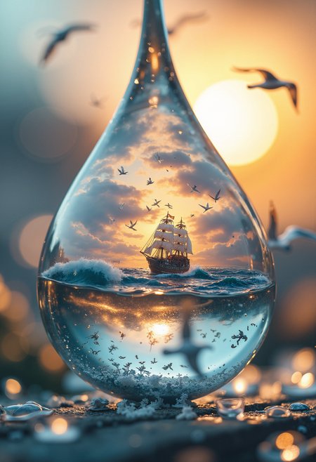 A hyper-realistic close-up of a translucent glass teardrop suspended in mid-air, with a miniature ocean scene inside it. The ocean features tiny, detailed waves and a small ship sailing through the middle. Above the ship, miniature seagulls are frozen in flight, with delicate details of their feathers visible. The glass teardrop refracts light, creating rainbow-like reflections on the surrounding space. The background is a blurred, soft gradient of warm sunset colors, enhancing the surreal and dreamlike atmosphere of the scene. The lighting is soft and warm, highlighting the clarity and purity of the glass while emphasizing the intricate details of the miniature ocean scene within.   <lora:FluxDFaeTasticDetails:0.8>   <lora:aidmaImageUpgrader-FLUX-V0.1:0.33> detailmaximizer, <lora:Sinfully_Stylish_.02_for_FLUX-000002:0.6>