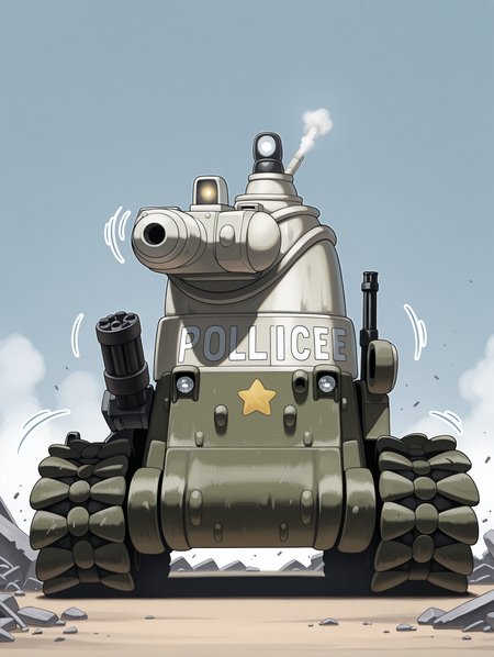 masterpiece,best quality,newest,
<lora:Fixhands_anime_bdsqlsz_V1:1>,<lora:IL_bonaparte_tank:1>,d_bn,bonaparte /(tank/),turret,cannon,minigun,smoke projector,left-air intake,star \(symbol\),police,emblem,caterpillar tracks,((motion_lines:1.2)),rubble_ruins,simple_background,no human,