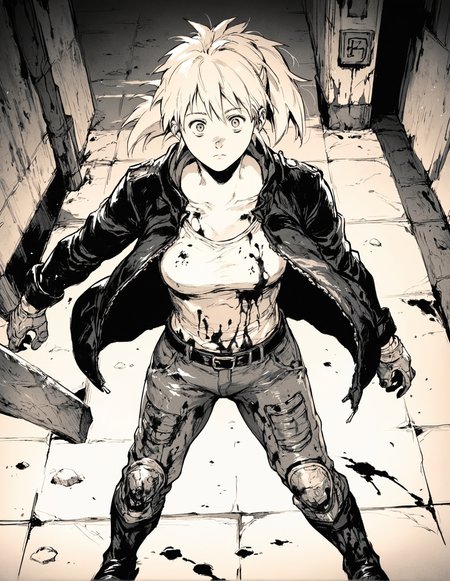 score_9, score_8_up, score_7_up,score_6_up,high resolution,qhayastyle,monochrome,greyscale,nikaido,blonde hair,ponytail,jacket,pants,belt,boots,street,rim lighting,dof,solo,pov,dirty,blood,from above