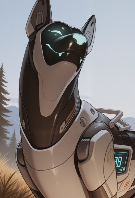 masterpiece,best quality,amazing quality, 1boy, solo, 4rchi3, robot dog, glowing, glowing eyes, side angle, close up, closed eyes, happy, outdoors,