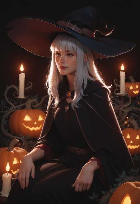 safe_pos, 1girl, silver hair, red lace robes, witch, witch hat, 

magic, glowing, lighting, sitting, Halloween pumpkins, candles, vines, moss, 

long hair, bangs, small breasts, freckles, freckled,

simple ethereal dark background, glowing orange  constellations, upper body, 

score_8, score_9_up,