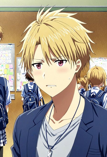 high resolution, solo, best quality, 1Boy, Yamato Ishida, Blond Hair, Necklace, School Unifor, School Life, OverallDetail