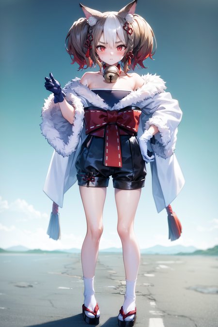 <lora:sekkatest:1>, 1girl, standing, full body, (highres, realistic, best quality, masterpiece, ultra-detailed, textured, ambient lighting, cinematic lighting), animal ears ,1girl , fox ears ,bangs , red eyes , multicolored hair , twintails , animal ear fluff ,brown hair , hair ornament ,bell , solo , looking at viewer ,braid ,neck bell , fox girl , jingle bell ,gloves , fur trim , ribbon ,two-tone hair ,japanese clothes ,off shoulder ,bare shoulders ,collar ,bow ,long sleeves , streaked hair ,blush , black gloves , tail ,white hair , fox tail , kimono ,wide sleeves , red bow , red ribbon ,multiple tails , red hair , collarbone , hair ribbon , short hair , choker , socks , shorts , ribbon trim , sash , black shorts , rope , small breasts , white kimono , fur-trimmed sleeves , tabi , black footwear , black socks , gradient hair , v-shaped eyebrows , dress ,sandals , hair between eyes , obi , medium hair , grey hair , thick eyebrows , short twintails , strapless , sweat , shimenawa , outdoors , fur-trimmed kimono kitsune, cloth, satin, silk, fur,