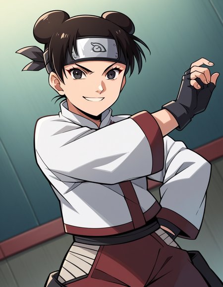 score_9, score_8_up, score_7_up, source_anime, <lora:tenten-shippuden-anime-ponyxl-lora-nochekaiser:1>, tenten, black hair, hair bun, double bun, black eyes,, shirt, gloves, long sleeves, white shirt, black gloves, pants, fingerless gloves, ninja, forehead protector, konohagakure symbol,, indoors, smile, looking at viewer, solo,, cowboy shot, dutch angle