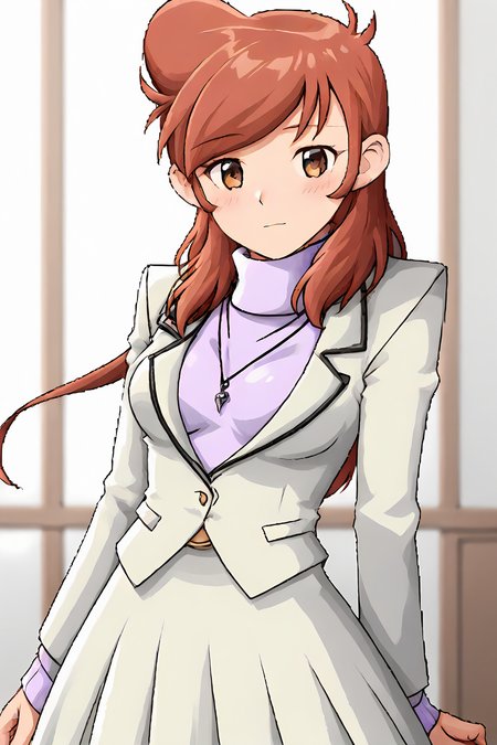 (white jacket purple sweater turtleneck white skirt pendant formal:1.50), cra-melissa, red hair, brown eyes, long hair, big hair, swept bang, 
medium breasts, 1girl, solo, skinny, (source_anime, score_9, score_8_up, score_8, score_7_up), score_7, score_6_up, score_6, score_5_up, score_5, 
(blush:1.10),
(indoors:1.00),
(:1.60), (feet:1.20),
<lora:cra-melissa-V02-000002:1.00>