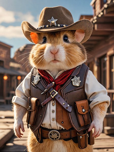 hamster sheriff, cowboy hat, vest, holster, old west town   <lora:extremely_detailed:-1> extremely detailed, 8k, masterpiece, dramatic lighting, vivid colors,r<lora:MJ52:0.2>