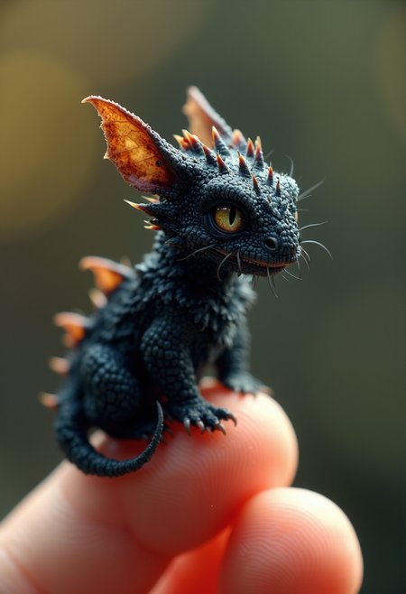 The tiniest and cutest fluffy creature The dragon sits on the tip of a finger, huge black ð, photorealism, beautiful, aesthetic, professional photo, realistic, high resolution, close-up, high detail