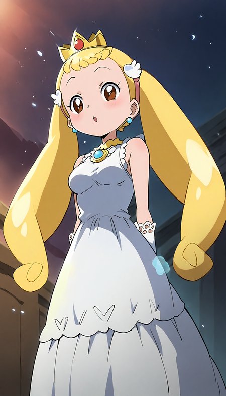 anime artwork of score 9,score_8_up,score_7_up,source_anime,masterpiece,best quality,(parody:1),(anime screencap:1.2),
BREAK
(makihatayama hana:1),1girl,twintails,blonde hair,brown eyes,ornament,hairband,solo,
BREAK
crown,(white queen dress:1.5),(queen crown:1.2),lace gloves,medium breasts,queen,evil,dark theme,black coat,
BREAK
(magic aura:1.5),light rays,(light trail:1.2),light particles,lightning,glowing aura,global illumination,glowneon,from below,dark aura,aura,
<lora:hana_makihatayama_xl_for_pony_xl_v01>,