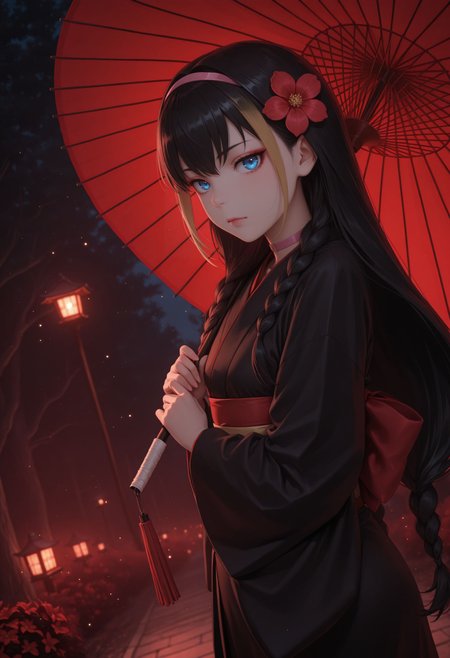 masterpiece, best quality, newest, solo, looking at viewer, 
   <lora:Lessar illu:1> 1girl, black hair, multicolored hair, two-tone hair, long hair, twin braids, braid, pink hairband, blue eyes, japanese clothes, choker, day, hair flower, kimono, character focus, tree, sash, makeup, umbrella, red flower, nature, holding umbrella, black kimono, oil-paper umbrella, red umbrella, red theme, glowing, ,dutch angle, dark background, (night:0.8), blurry background, glowing light particles, depth of field, from side, looking at viewer,