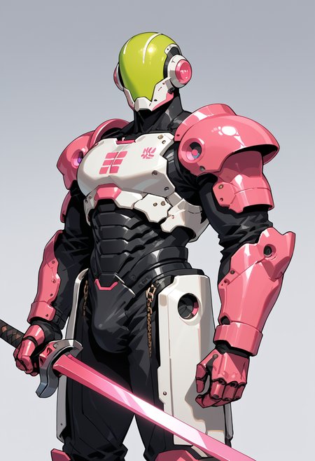score_9, score_8_up, score_7_up, mechanical armor, solo, robot, holding, standing, male focus, simple background, armor, holding sword, shoulder armor, gauntlets, full armor,  Hot Pink and Electric Lime,
 <lora:ArmorPunkV4:1> arm0rpunkv4,