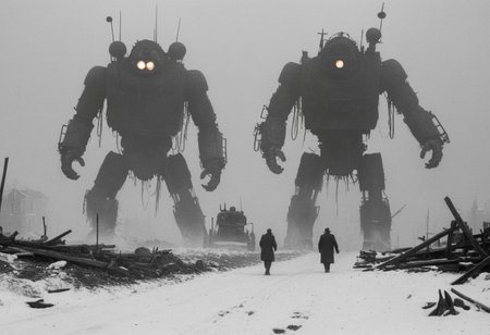 monochrome, photo, old photo,blurry, low quality, old photo defects, world war 1, steam punk technology, automatons, battlefield, destroyed city,rubble, collapsed buildings, snow, winter, fires, artillery, Thick fog, strange shaped robots moving in the distance,large robots, large automatons marching along, antenna, wires, consistent design,looking at viewer, scary,  damaged robots, trench warfare, no mans land, large robots,(( art style of simon stalenhag))