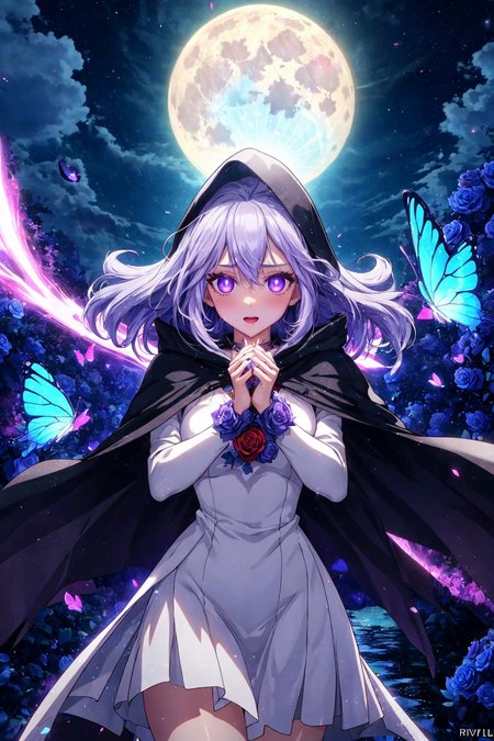 anime screencap, high quality, magical girl, standing, dynamic pose, white dress with purple accents, black hooded cloak, long white hair, detailed face, expressive eyes, full moon, butterflies, night sky, water, roses, soft glowing light, perfect anatomy, detailed hands, vibrant colors
 <lora:add_detail:0.4> <lora:backlight_slider_v10:-1.3>