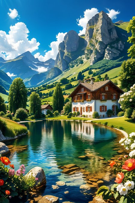 A picturesque summer scene in the Alps, capturing the essence of European charm with traditional alpine buildings nestled in a lush green valley. A serene lake reflects the brilliant blue sky, dotted with fluffy white clouds. The tilt-shift photography style lends a miniature effect, enhancing the enchanting quality of the landscape. The crisp, clear details of the buildings and the natural surroundings evoke a sense of tranquility and timeless beauty, making the viewer feel as if they are peering into a perfect, idyllic world.
<lora:add-detail-xl:1.0>,
<lora:EnvyBetterHiresFixXL01:1.0>,
<lora:extremely_detailed:1.0>, extremely detailed,
<lora:EldritchMixIllustration_1.1:0.25>,
<lora:Summer_scenery:1.0>,
<lora:MJ52:0.5>,
<lora:zavy-cntrst-sdxl:0.5> dark, chiaroscuro, low-key,