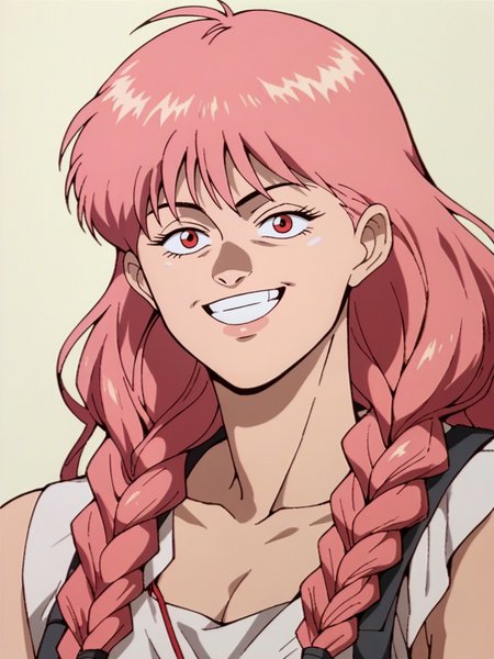 score_9, score_8_up, score_7_up, score_6_up, score_5_up,  <lora:akiraXLP:1> akira, retro artstyle, 1girl, long hair, twin braids, pink hair, smile