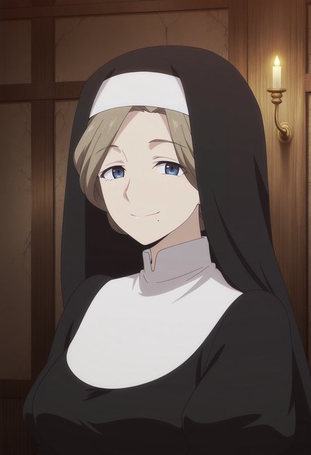 1girl,solo,mm,mature female,brown hair,mole under mouth,blue eyes,anime coloring,
nun,habit,upper body, looking at viewer, smile,indoors
,masterpiece,best quality,amazing quality,<lora:Sister-Kinsou_no_Vermeil:0.8>