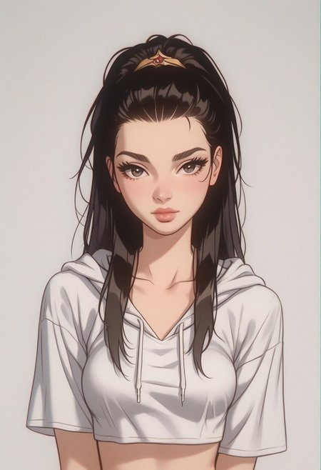 ((Score_9_up, Score_8_up, Score_7_up), (Masterpiece, Best quality, High Resolution, skindentation, Extremely Detailed, Semi realism)),
Sexy woman, Younger face, Detailed iris, Detailed eyes, Soft skin, Long erotic and lustful hair, Cute cropped hoodie, Sexy skin, Detailed sleeves, Loose cropped hoodie, Dominant expression on her face, glossy lips, Detailed hair strands , Straight long hair, Thoughtful